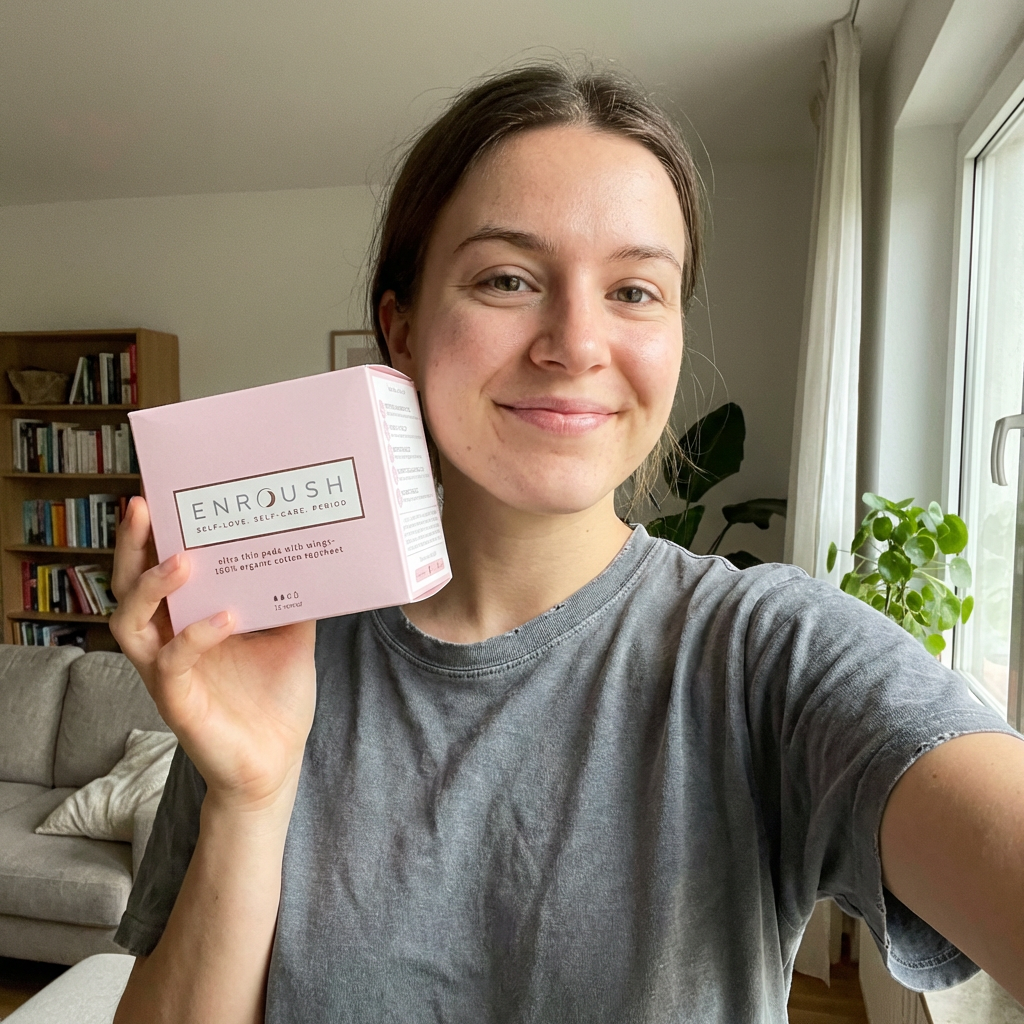 Enroush customer holding organic cotton pads, smiling confidently