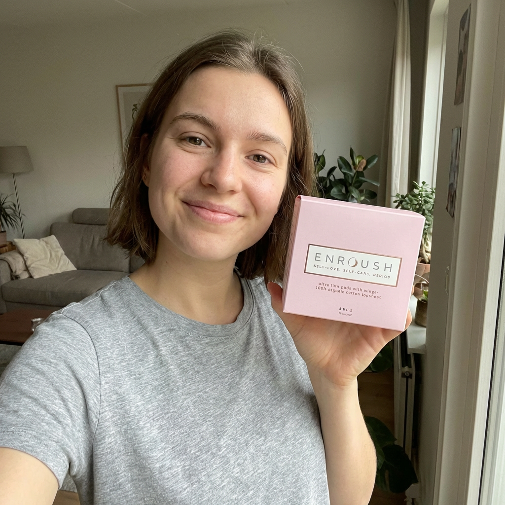 Enroush customer holding organic cotton pads, smiling confidently