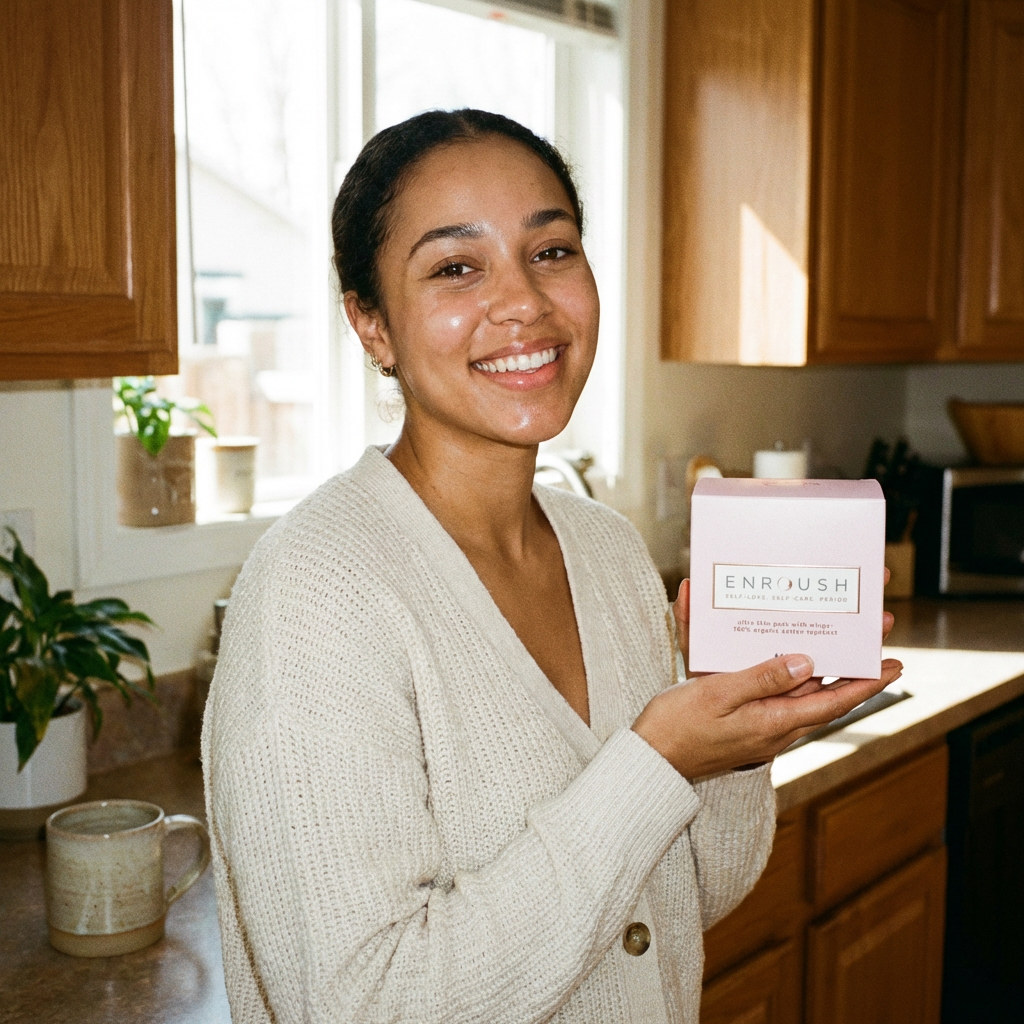 Woman showing Enroush organic period care packaging