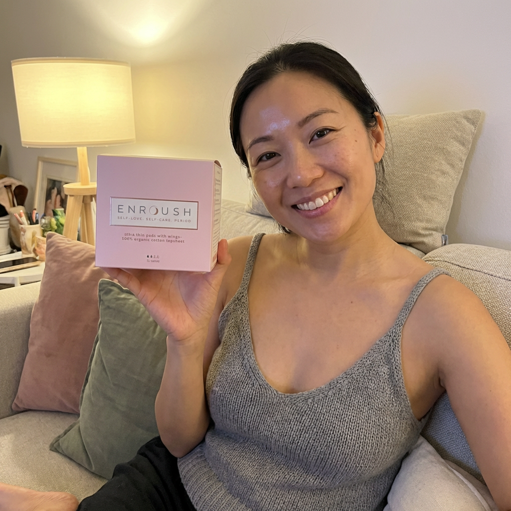 Happy woman holding a box of Enroush organic tampons