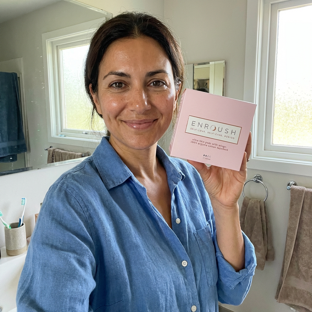 Woman in casual clothing presenting Enroush organic period care