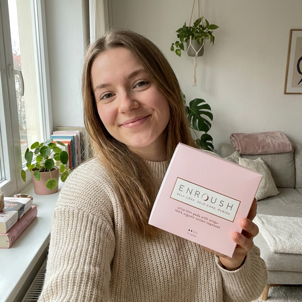 Woman showing her favourite Enroush organic cotton period care